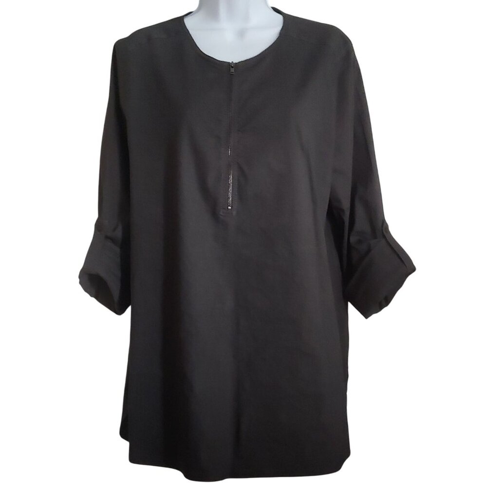 Eileen Fisher Organic Linen Blend Roll Tab Sleeves 1/4 Zip Pullover Tunic L